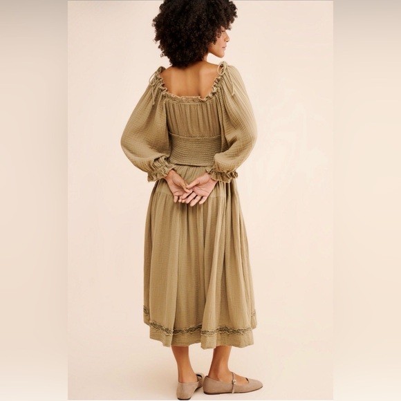 Free People Toledo Olive Green Smocked Midi Dress Puff Sleeves Cotton XS - Picture 3 of 13